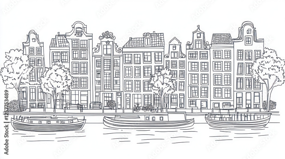 Obraz premium Canal-side houses, Amsterdam, Netherlands; boats, trees. Travel, tourism