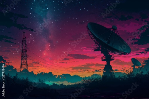 Through the use of large satellite dishes to screen space signals, the search for alien life employs Stock technology photo