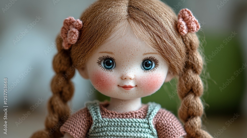A close up of a doll with long brown hair and blue eyes A close up of a doll with long brown hair and blue eyes