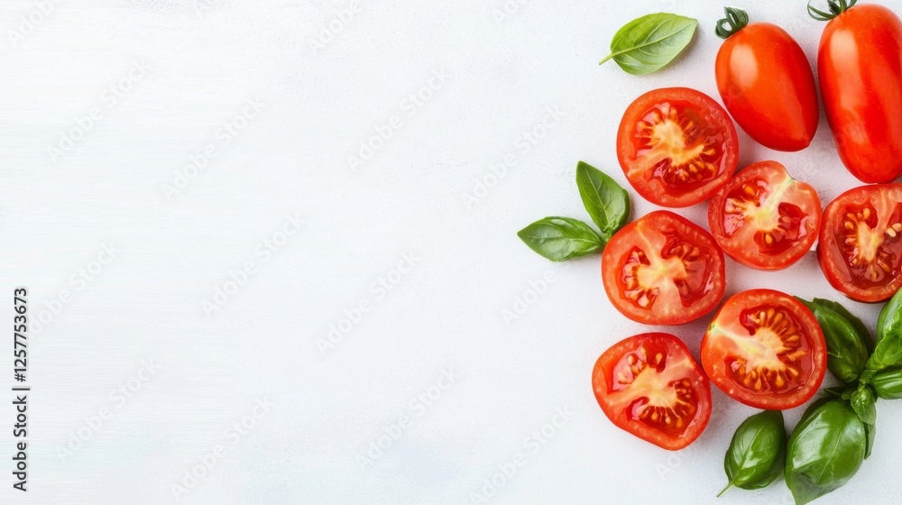 Fototapeta premium sliced tomatoes with basil leaves on a white surface