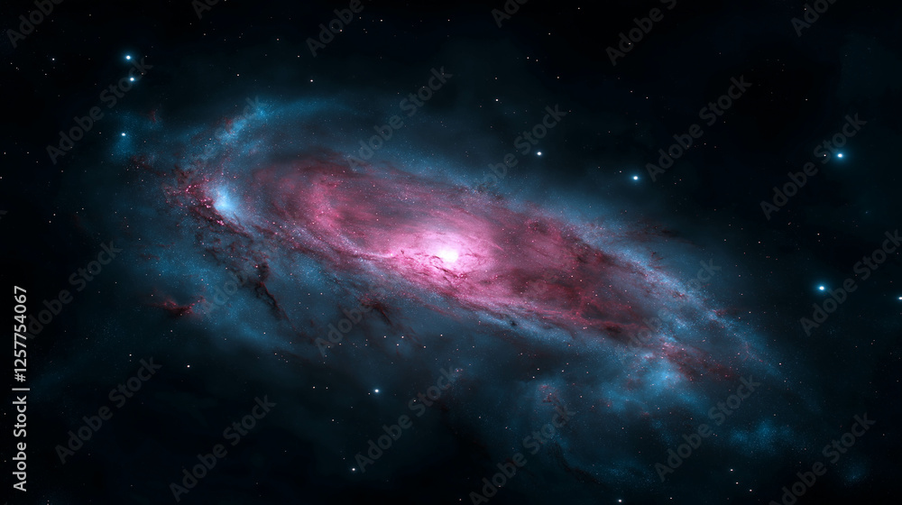 Fototapeta premium stunning cosmic scene featuring vibrant galaxy with pink and blue hues, surrounded by stars and cosmic dust
