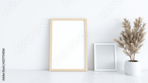 Minimalist Interior Decor Featuring Stylish Picture Frames and Elegant Dried Flowers Set Against a Light-Colored Wall for a Calm and Inviting Atmosphere