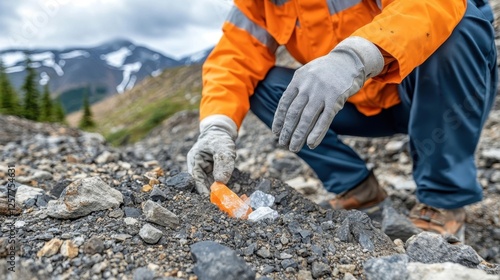 Geologist examining orange and clear crystals nestled within rocky terrain, high in the mountains. photo