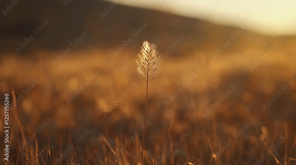 Golden Hour Silhouette Single Wildflower In Field Golden Hour Silhouette Single Wildflower In Field