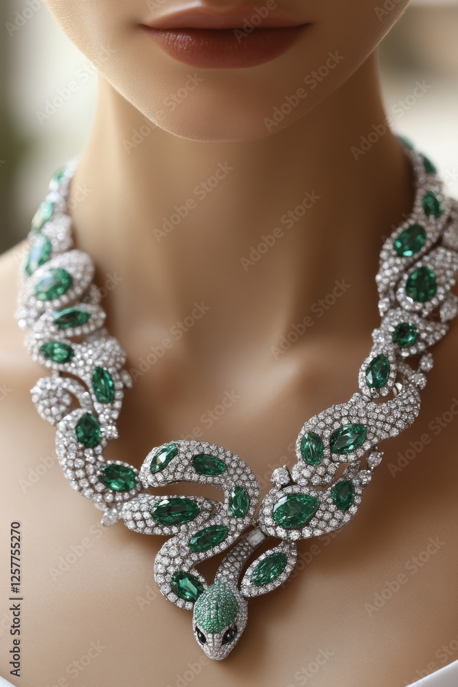 A woman wearing a necklace with emeralds and diamonds A woman wearing a necklace with emeralds and diamonds