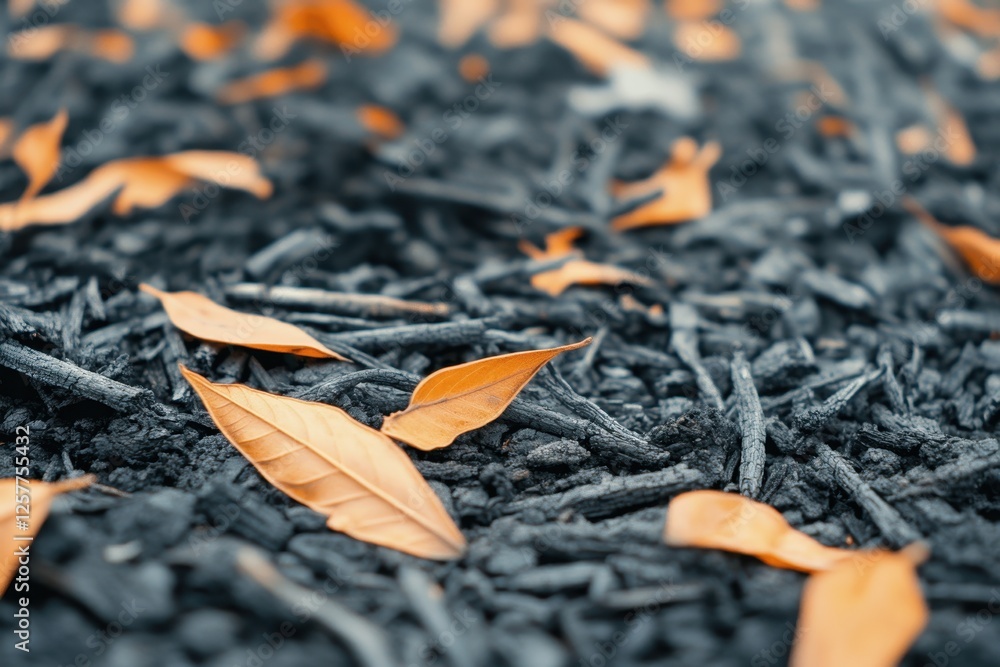 Fallen orange leaves rest on a bed of dark gray ash, creating a stark contrast of color and texture. Fallen orange leaves rest on a bed of dark gray ash, creating a stark contrast of color and texture.
