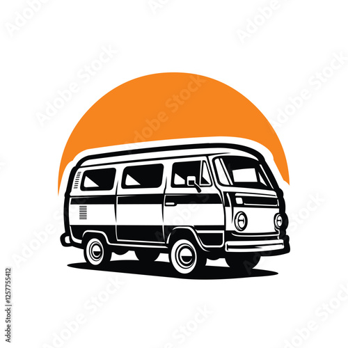 Classic Retro Camper Van Monochrome Silhouette Vector Illustration Isolated