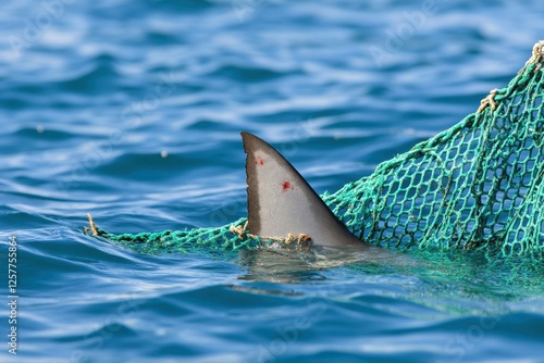 A shark's dorsal fin, caught in a green fishing net, visible above the blue ocean water. photo