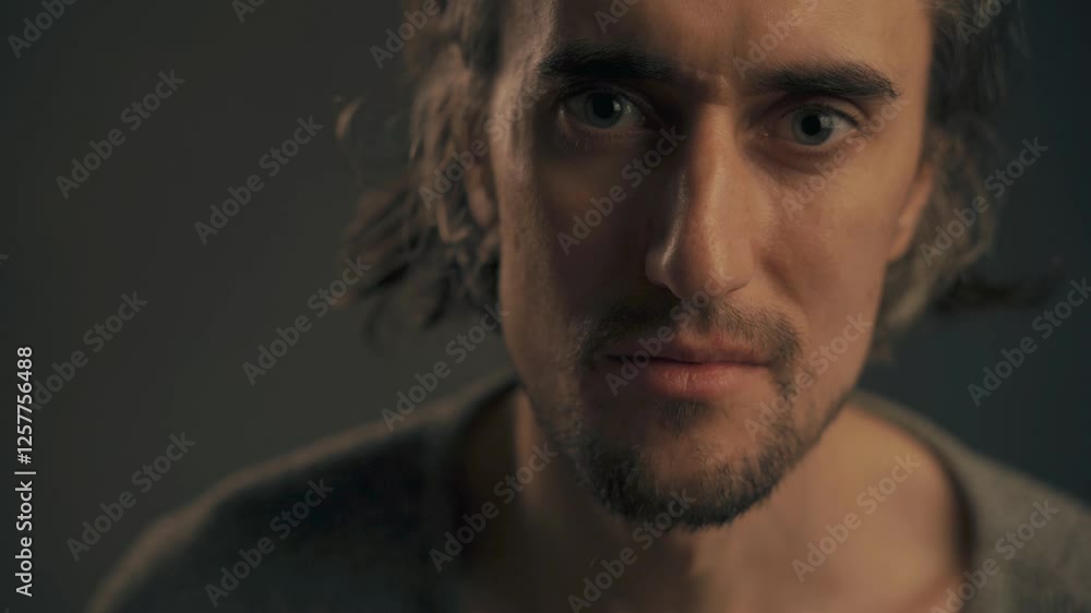 Cute Guy with Big Eyes Young attractive European male with long hair gazes into the camera while raising his eyebrows in a cinematic setting Cute Guy with Big Eyes Young attractive European male with long hair gazes into the camera while raising his eyebrows in a cinematic setting