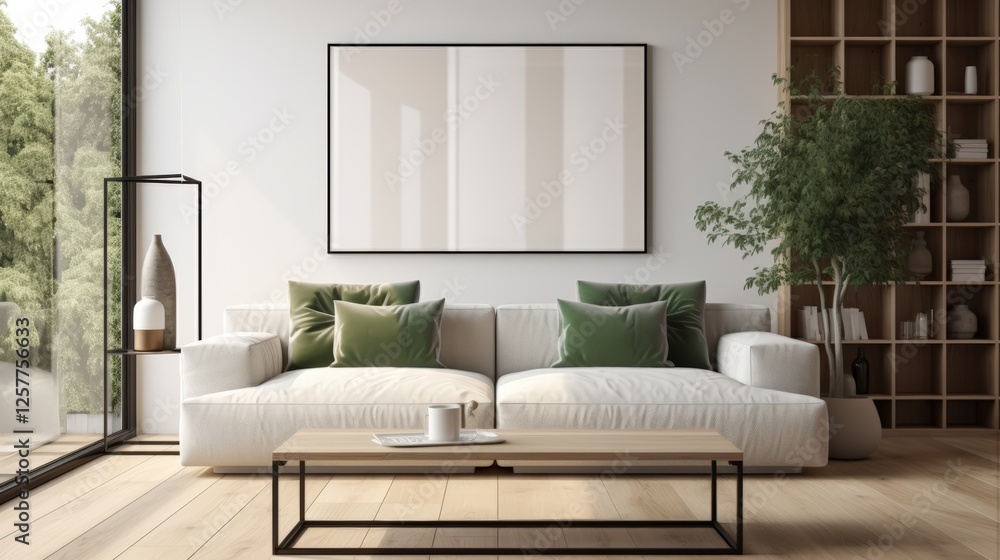 Fototapeta premium Modern Living Room Mockup with Minimalistic Design Featuring Comfortable Sofa and Stylish Decorative Elements in Bright Natural Light