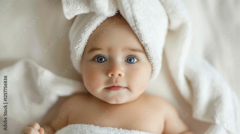 A baby with big blue eyes looks at the camera while wrapped in a towel. A baby with big blue eyes looks at the camera while wrapped in a towel.