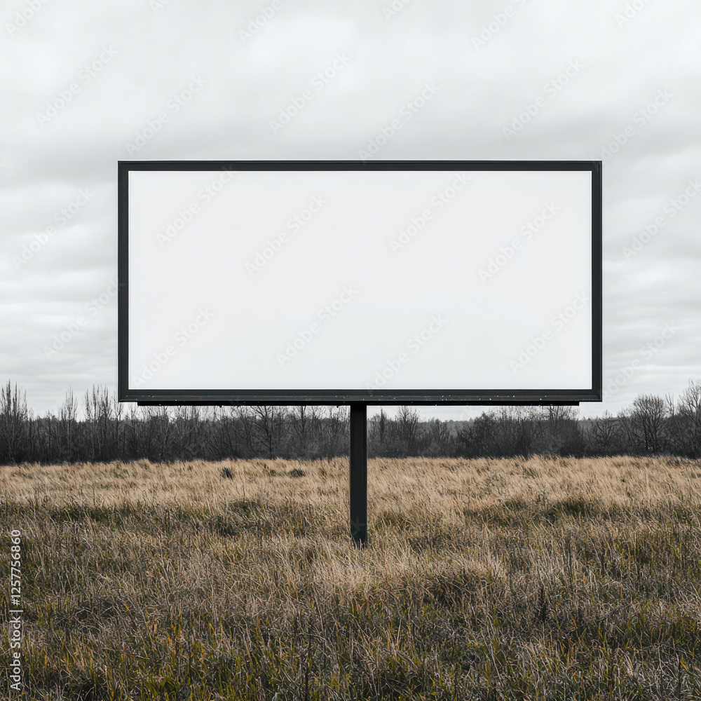 Blank billboard in open grassy field under cloudy sky Blank billboard in open grassy field under cloudy sky
