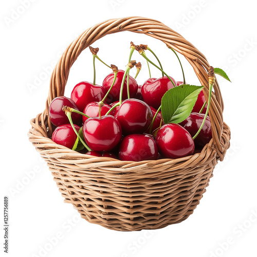 Freshly picked cherries in basket isolated on transparent white background photo