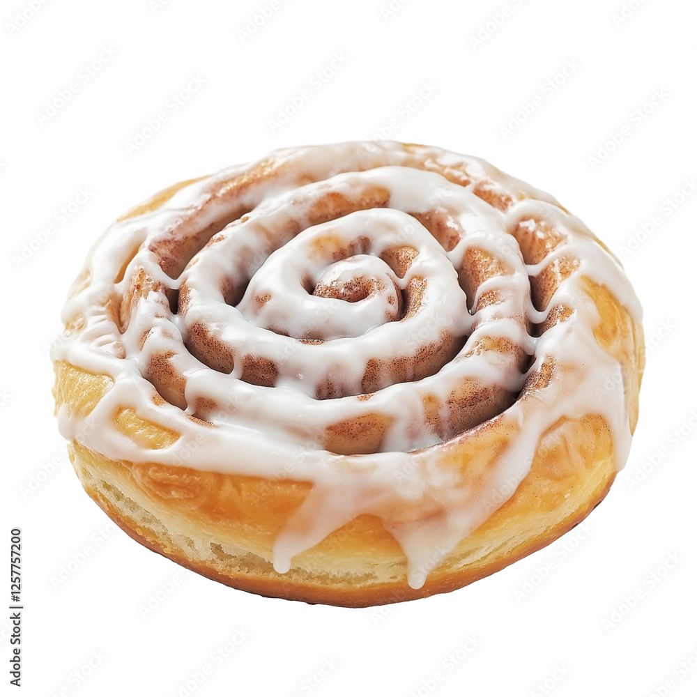 Fototapeta premium Freshly baked cinnamon roll with icing isolated on transparent white background