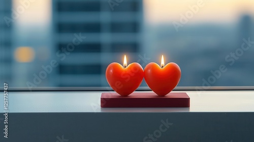 Soft candlelight illuminating Valentine sthemed decor on a windowsill, with a blurred cityscape in the background 3D render photo