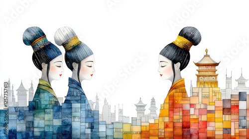 Terracotta Army postcard with traditional Chinese figures