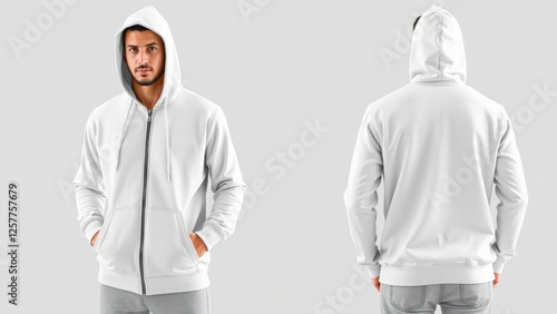 Model Wearing a White Hoodie with Zipper and Pockets, Displaying Front and Back Views in a Minimalist Setting