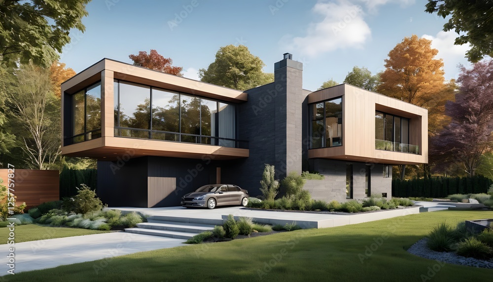 Ultra-modern 8K suburban home with a cantilevered second floor, smart features, and eco-conscious landscaping Ultra-modern 8K suburban home with a cantilevered second floor, smart features, and eco-conscious landscaping