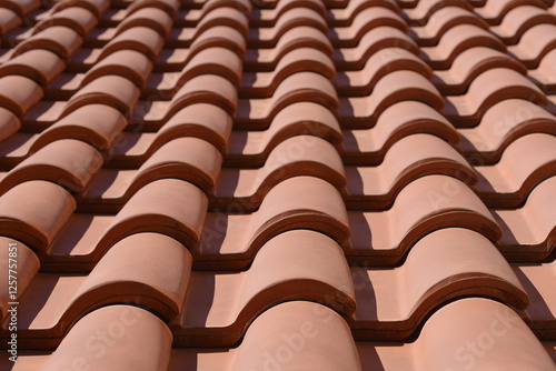 A close-up shot of terracotta roof tiles arranged in neat rows, creating a warm, textured pattern that evokes a sense of traditional architecture and Mediterranean style photo