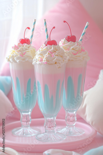 Wallpaper Mural close-up photo of three pastel-colored milkshakes in tall, vintage-style glass cups, each topped with fluffy whipped cream, delicate piped frosting swirls, and a glossy red cherry  Torontodigital.ca