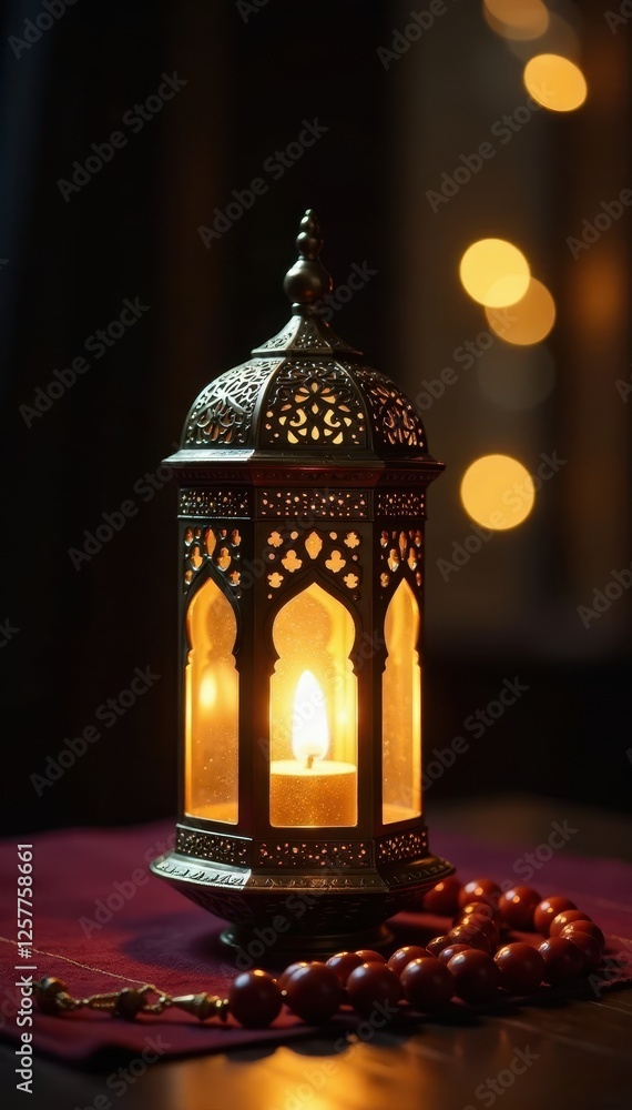 Intricate golden Ramadan lantern, prayer beads Dark backdrop , festive, metal