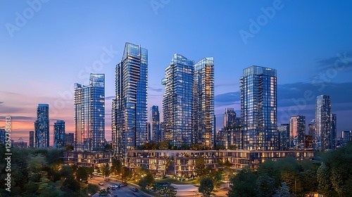 Cityscape twilight, modern high-rise condos, park, urban development