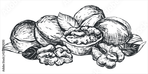 Hand drawn sketch of walnuts vector illustration. Composition of open walnut kernel, whole walnut. Fresh organic food, oil. Black and white drawing of nut. Isolated on white background.
