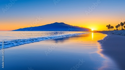A beach with palm trees and a mountain in the background