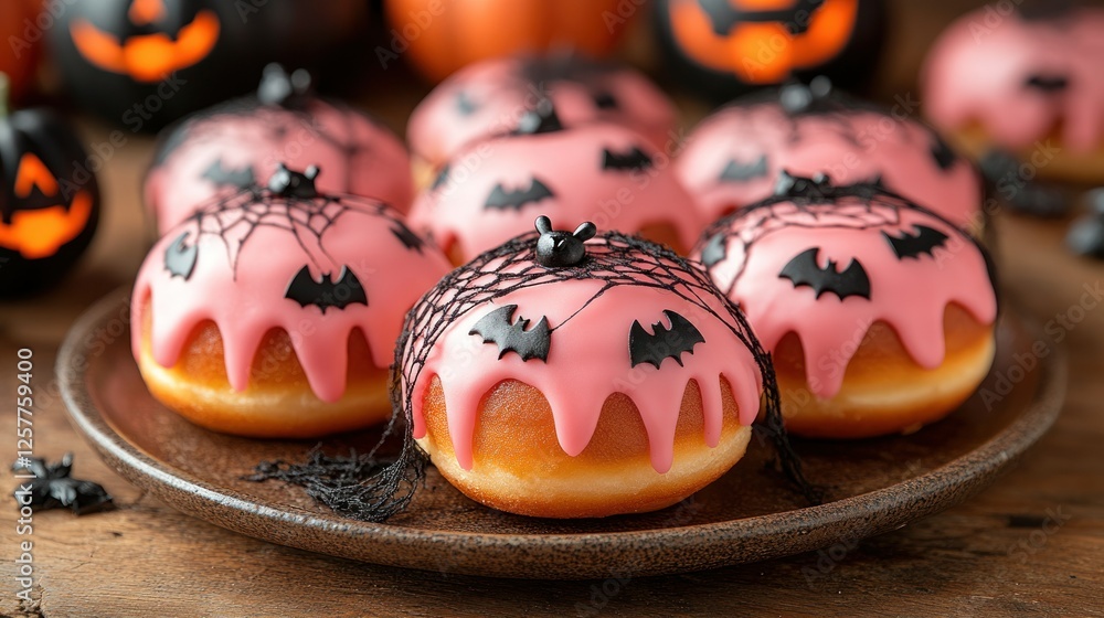 Obraz premium Pink Halloween Donuts with Bats & Spiderwebs on a Plate, Halloween Decorations Background