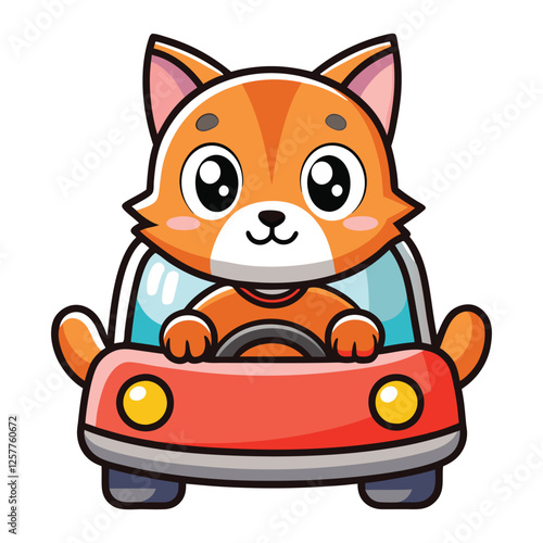 Cute cartoon cat driving a red car