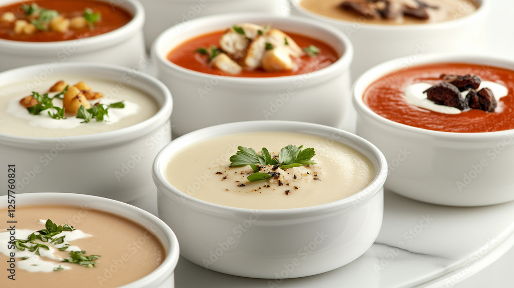 Four Colorful Vegetable Soups with Fresh Herbs and Croutons Four Colorful Vegetable Soups with Fresh Herbs and Croutons