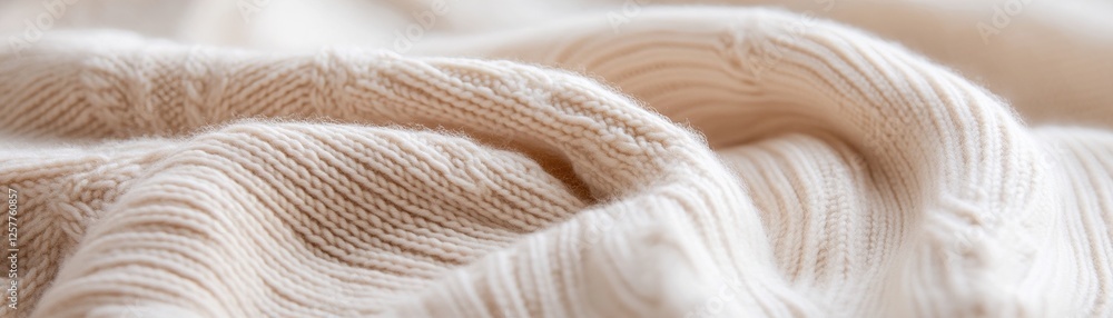 Soft beige knit fabric features a delicate cable design, draped gracefully to enhance its texture and depth, evoking warmth and comfort in any setting Soft beige knit fabric features a delicate cable design, draped gracefully to enhance its texture and depth, evoking warmth and comfort in any setting