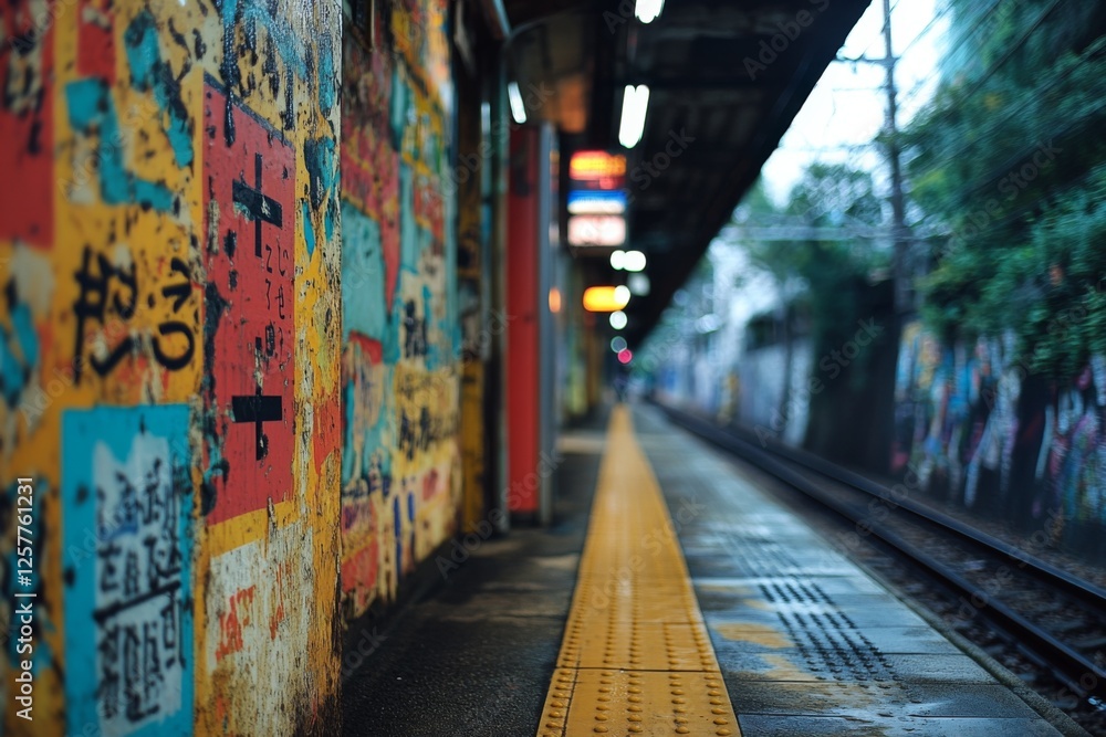 Naklejka premium Urban train station with graffiti-covered walls and empty platform
