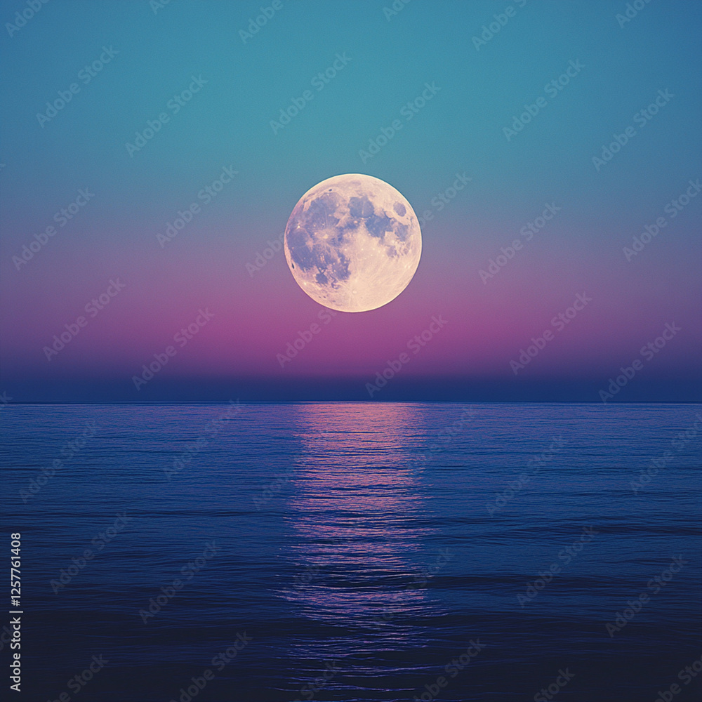 Full moon illuminating quiet ocean waters at twilight, creating a serene and peaceful atmosphere over the horizon. Generative AI Full moon illuminating quiet ocean waters at twilight, creating a serene and peaceful atmosphere over the horizon. Generative AI