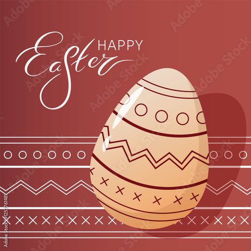 Happy Easter Greeting Card. Ester Egg decorated with ornament pattern, against same on the background and Hand Lettering Easter word. Horizontal Banner, Cover, or Website Header.