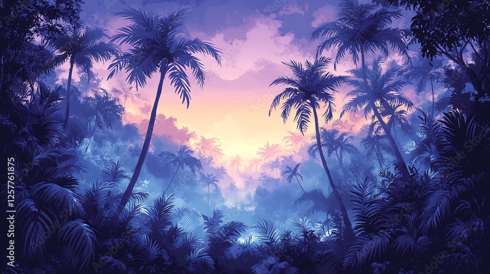 Naklejka premium Serene Purple Sunset Palm Trees Tropical Paradise. AI Generated