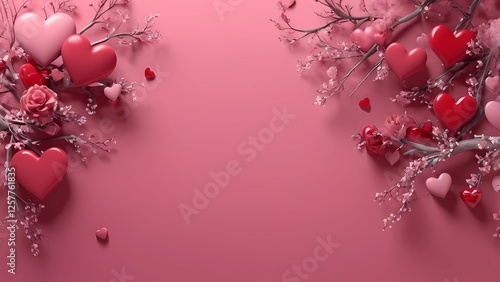 A pink background with red heart-shaped decorations, some on branches, some scattered, creating a romantic Valentine's Day theme  photo