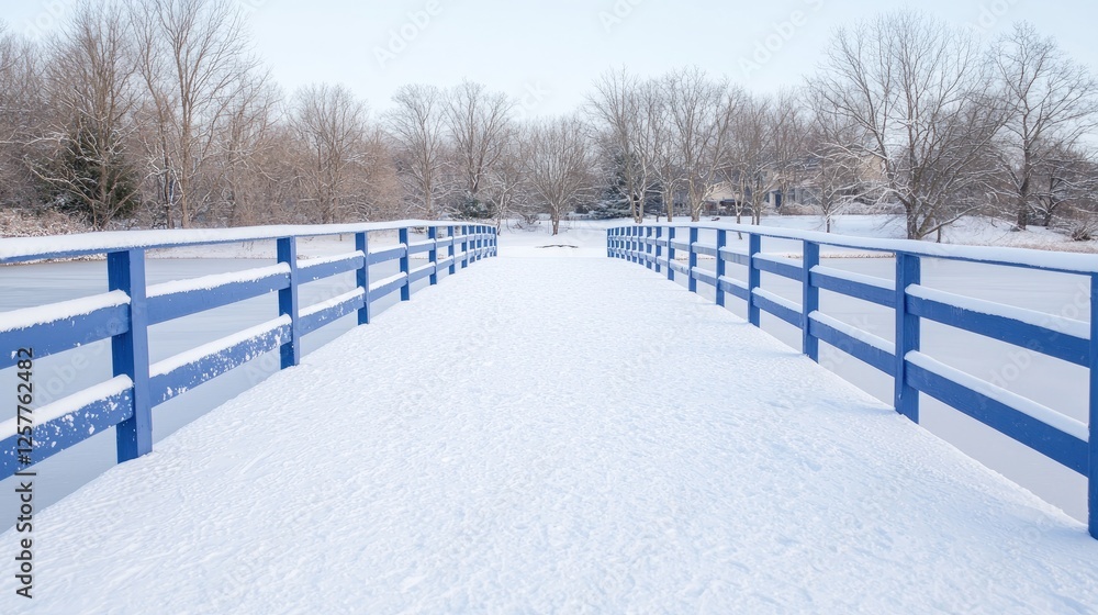 Winter Snow Covered Bridge Over Frozen Pond Winter Snow Covered Bridge Over Frozen Pond