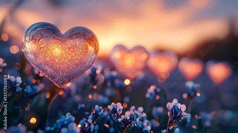 Heart-shaped glass orbs in a field at sunset. Possible use Romantic stock photo Heart-shaped glass orbs in a field at sunset. Possible use Romantic stock photo