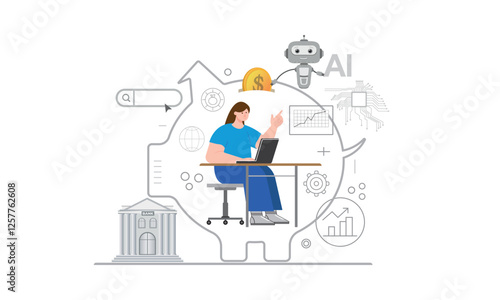 AI, a chatbot. A person is working on a computer.
Artificial intelligence technologies for doing business, online communication, work, saving money, piggy bank