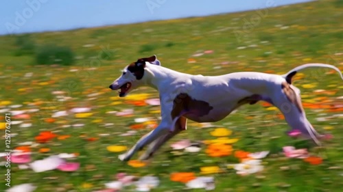 Elegant Greyhound Hopping in a Vibrant Colorful Meadow on a Sunny Day