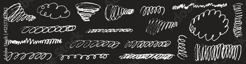 Line curve with texture crayon chalk. Scribble hand drawn set scribble white on black background. Curve crayon chalk set, Vector illustration