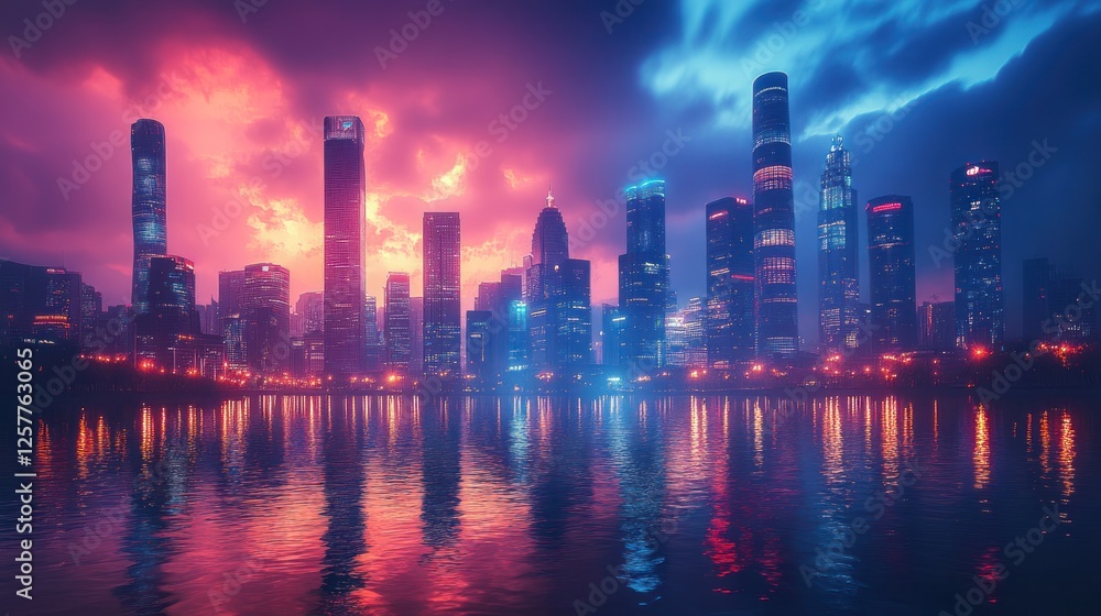 Fototapeta premium Vibrant city skyline at sunset with colorful reflections on water, showcasing modern architecture