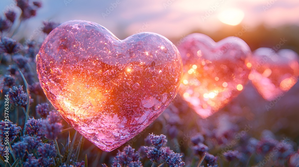 Heart-shaped glass decorations in a field at sunset. Possible use Valentine's Day, romantic theme, digital art Heart-shaped glass decorations in a field at sunset. Possible use Valentine's Day, romantic theme, digital art