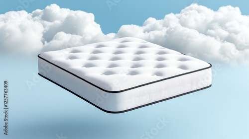 Fluffy Mattress Floating In Bright Blue Atmosphere photo