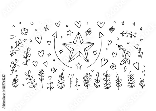 líneas de dibujo estrella, flecha, corazones, elemento de decoraciónconjunto. Dibujo a mano dibujado doodle linda estrella, énfasis, elemento de flor. Icono de forma de decoración
