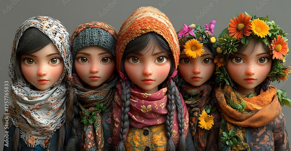 Five Women Adorned with Vibrant Scarves and Floral Accessories in Various Patterns and Colors Five Women Adorned with Vibrant Scarves and Floral Accessories in Various Patterns and Colors