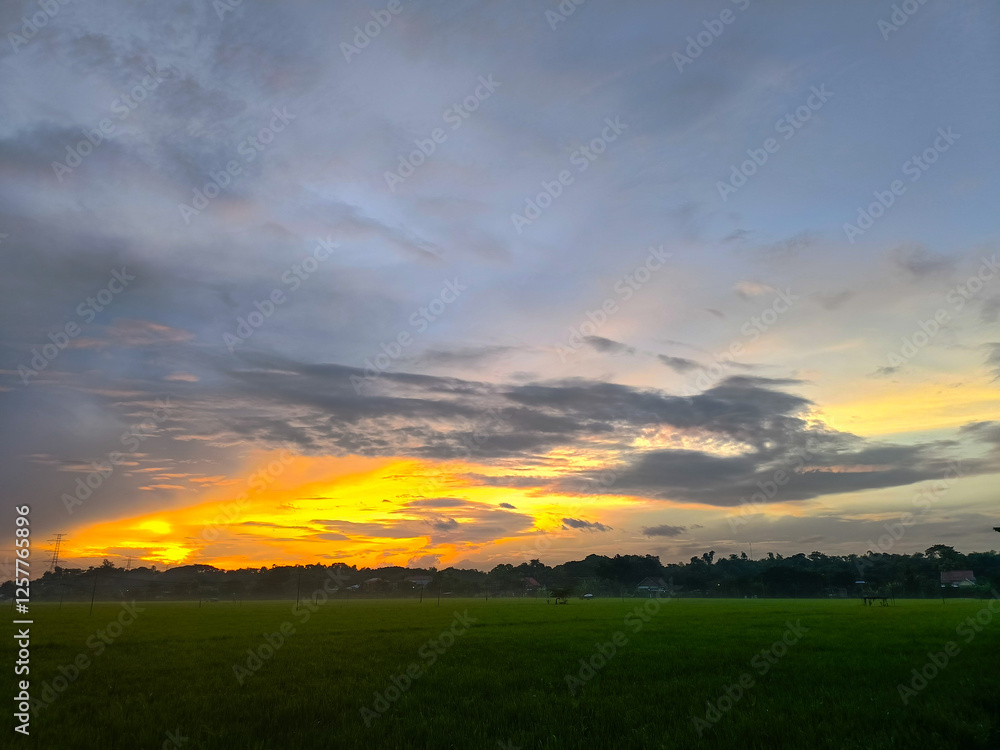 A natural view of rice fields and mountains in the distance in the morning. A natural view of rice fields and mountains in the distance in the morning.