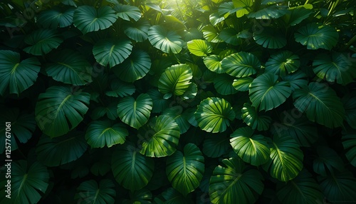 Lush Tropical Foliage: A Dense Canopy of Green Leaves Bathed in Sublte Sunlight photo