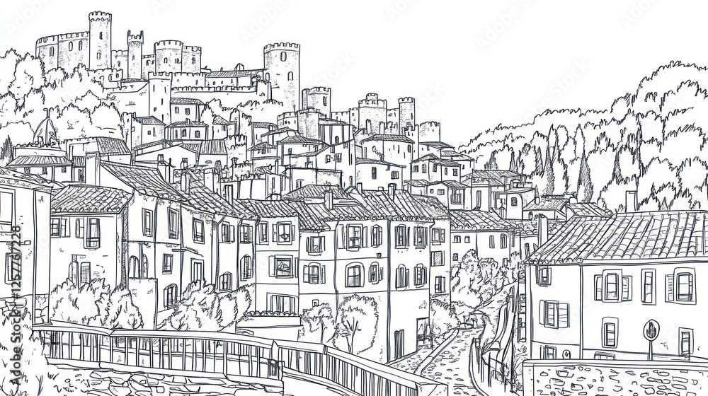 Hilltop medieval town, scenic view, architecture, travel, postcard Hilltop medieval town, scenic view, architecture, travel, postcard